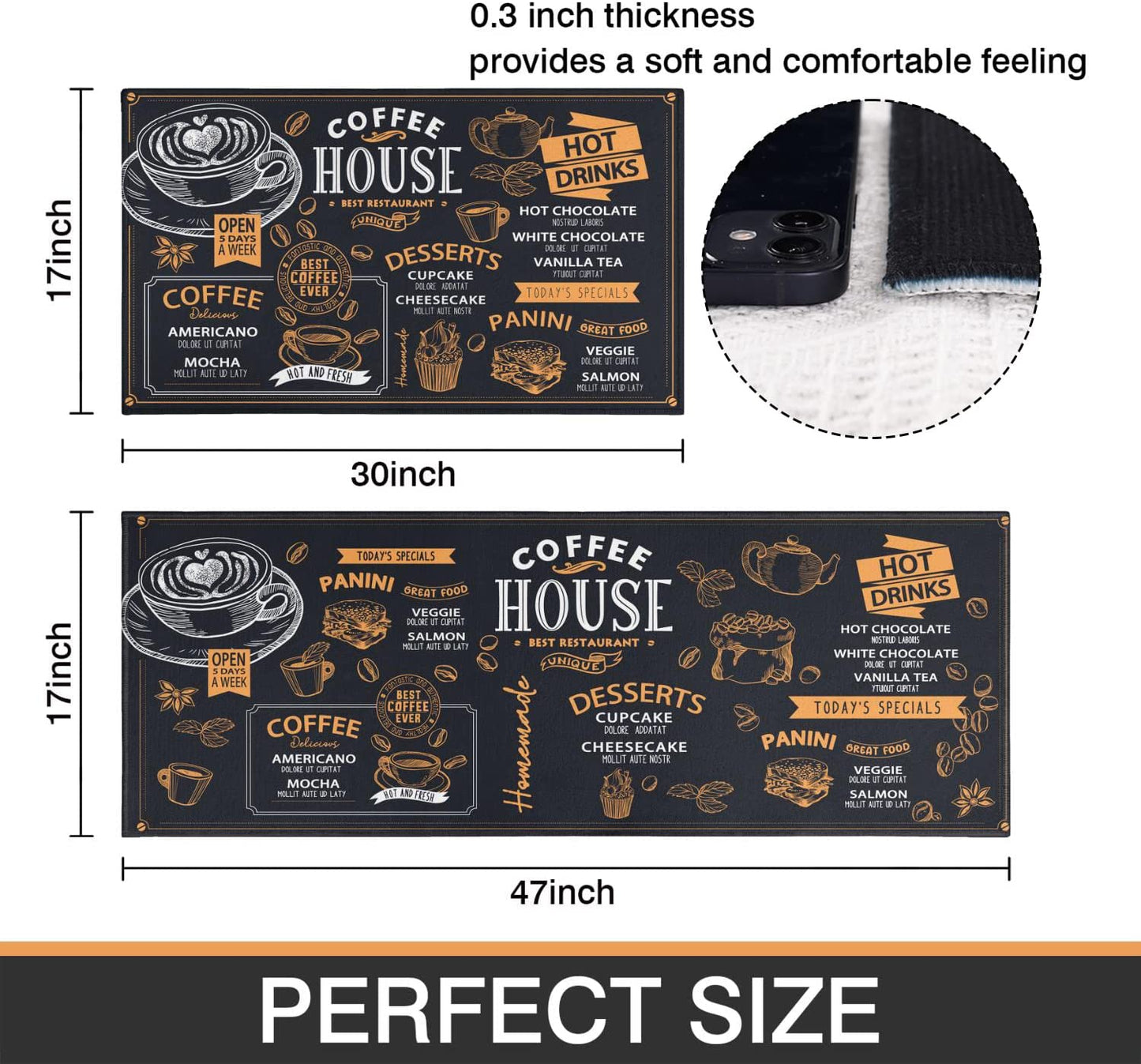 Vintage Mushroom Set of 2, Non Skid Washable Kitchen Mat - (17"x48"+17"x30")