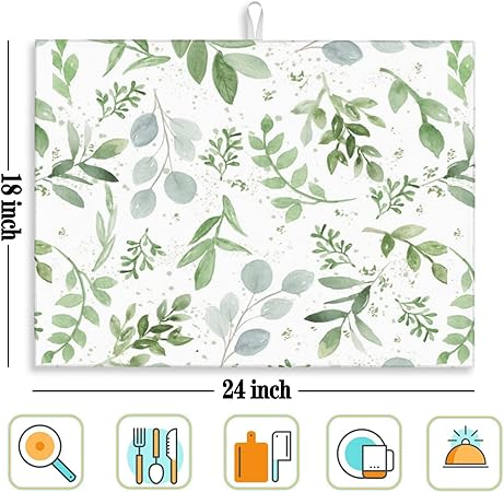 Dish Drying Mat Microfiber for Kitchen Counter Blue and Green Leaves Absorbent Dish Draining Reusable Washable Extra Large 18"x24"