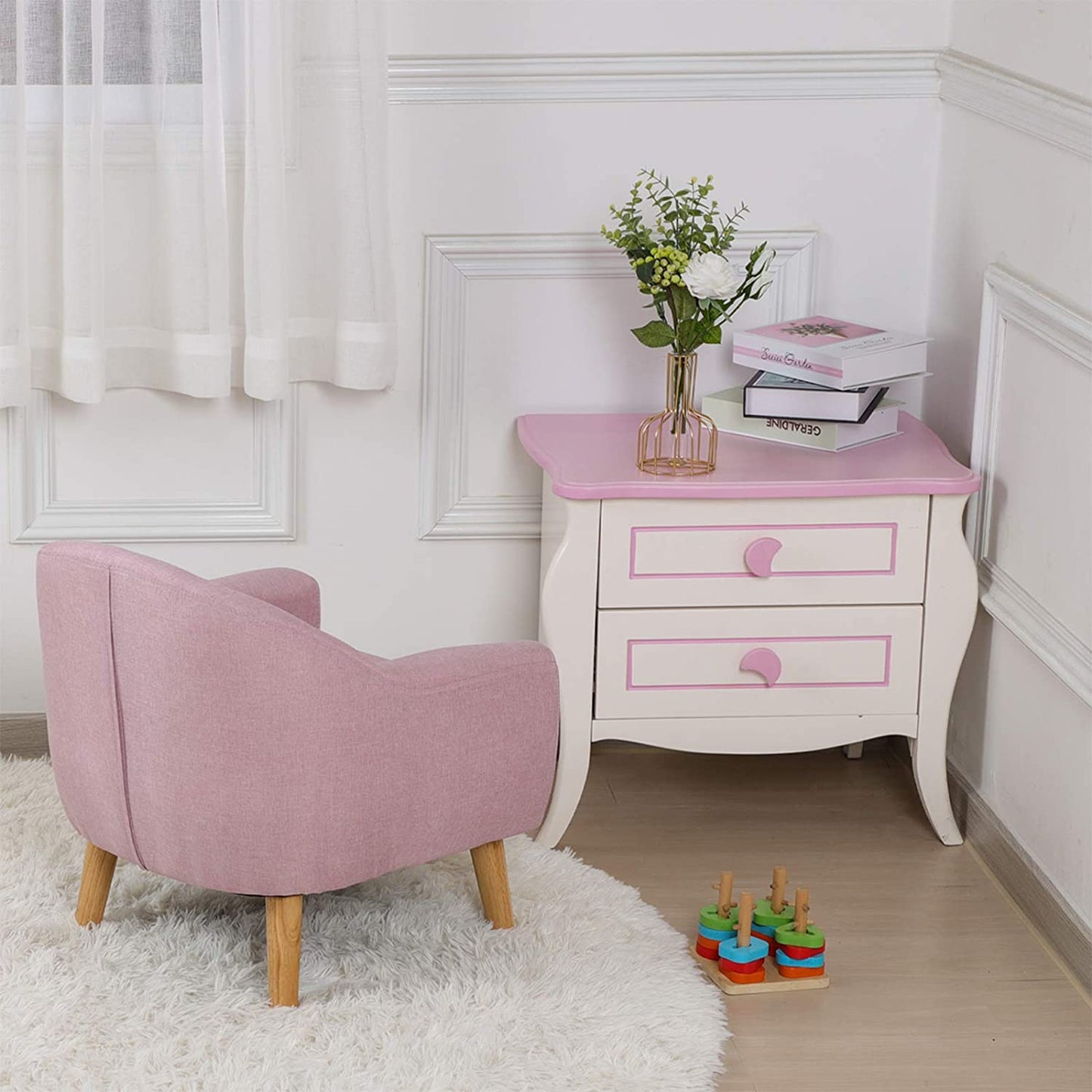 Sofa Chair, Linen Fabric Upholstered Toddler Armchair, Small Children Couch with Wooden Legs for Kids Gift (Pink)