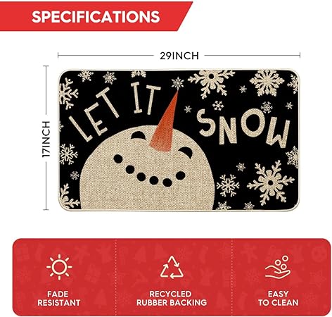 Snow Snowman Christmas Decorative Doormat Black, Seasonal Winter Xmas Holiday Low-Profile Floor Mat Switch Mat for Indoor Outdoor 17 x 29 Inch