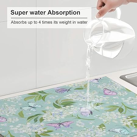 Dish Drying Mat Microfiber for Kitchen Counter Blue and Green Leaves Absorbent Dish Draining Reusable Washable Extra Large 18"x24"