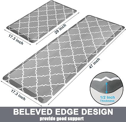 Cushioned Anti Fatigue 2 PCS,1/2 Inch Thick Waterproof Kitchen Rugs Non Skid,PVC Standing Desk Comfort Mat for Kitchen Floor Sink Office Laundry,(17.3"x29"+17.3"x47",Black)