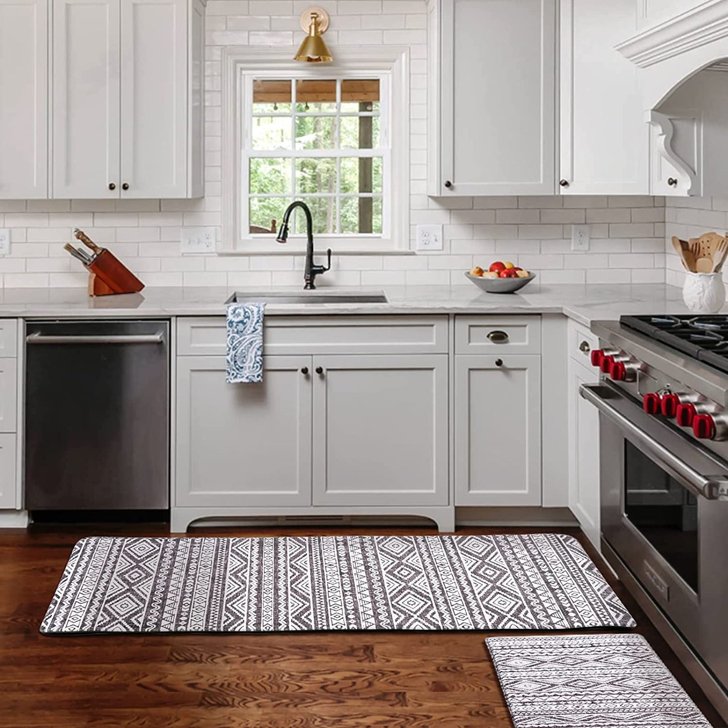 2 Piece Set, Anti Fatigue Waterproof & Non-Skid Boho Kitchen Rugs - 17x30+17x47