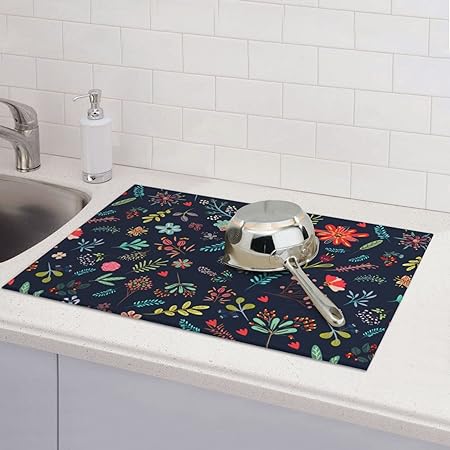 Dish Drying Mat Microfiber for Kitchen Counter Blue and Green Leaves Absorbent Dish Draining Reusable Washable Extra Large 18"x24"