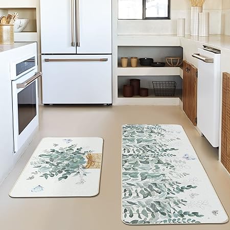 Eucalyptus Vase Butterfly Summer Kitchen Mats Set of 2, 17x29 and 17x47 Inch