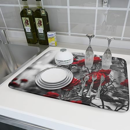 Absorbent Black Marble Dish Drying Mat Luxury Golden Kitchen Counter Mat, 18x24 inch