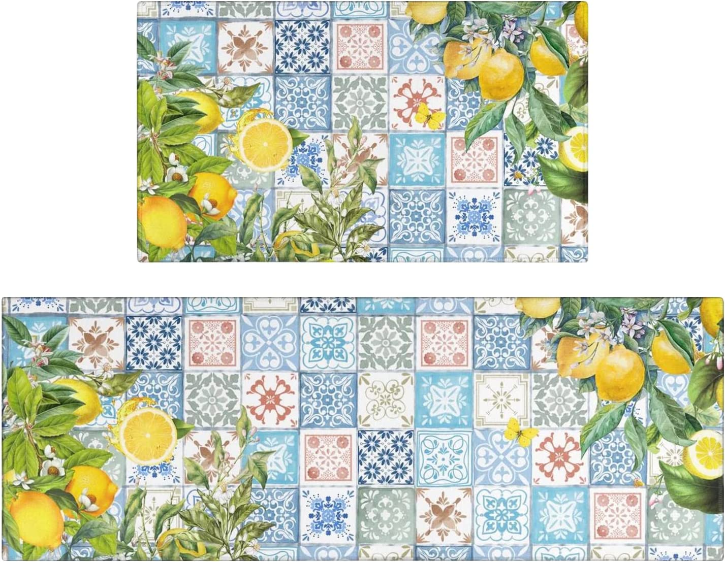 Vintage Mushroom Set of 2, Non Skid Washable Kitchen Mat - (17"x48"+17"x30")