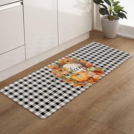 Set 2 Pieces Cute Santa Claus Decor Red Black Buffalo Plaid Non Slip Washable Kitchen Rugs, 15.7" x 23.6"+15.7" x 47.2"