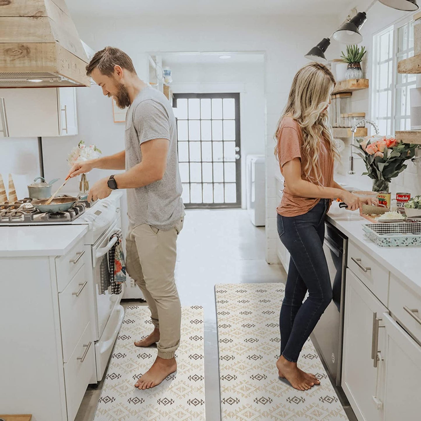 2 Piece Set, Anti Fatigue Waterproof & Non-Skid Boho Kitchen Rugs - 17x30+17x47