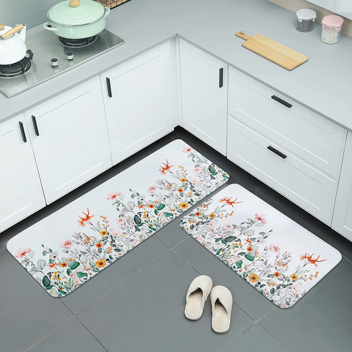 2 PCS Cushioned Floral, Flowers Anti Fatigue Kitchen Rugs - 18'' x 48'' + 18'' x 30''