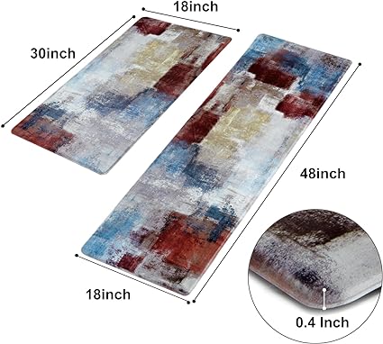 Modern Art Non Slip, Abstract Painting Cushioned Anti Fatigue, Waterproof Kitchen Mats, 18'' x 48'' + 18'' x 30''