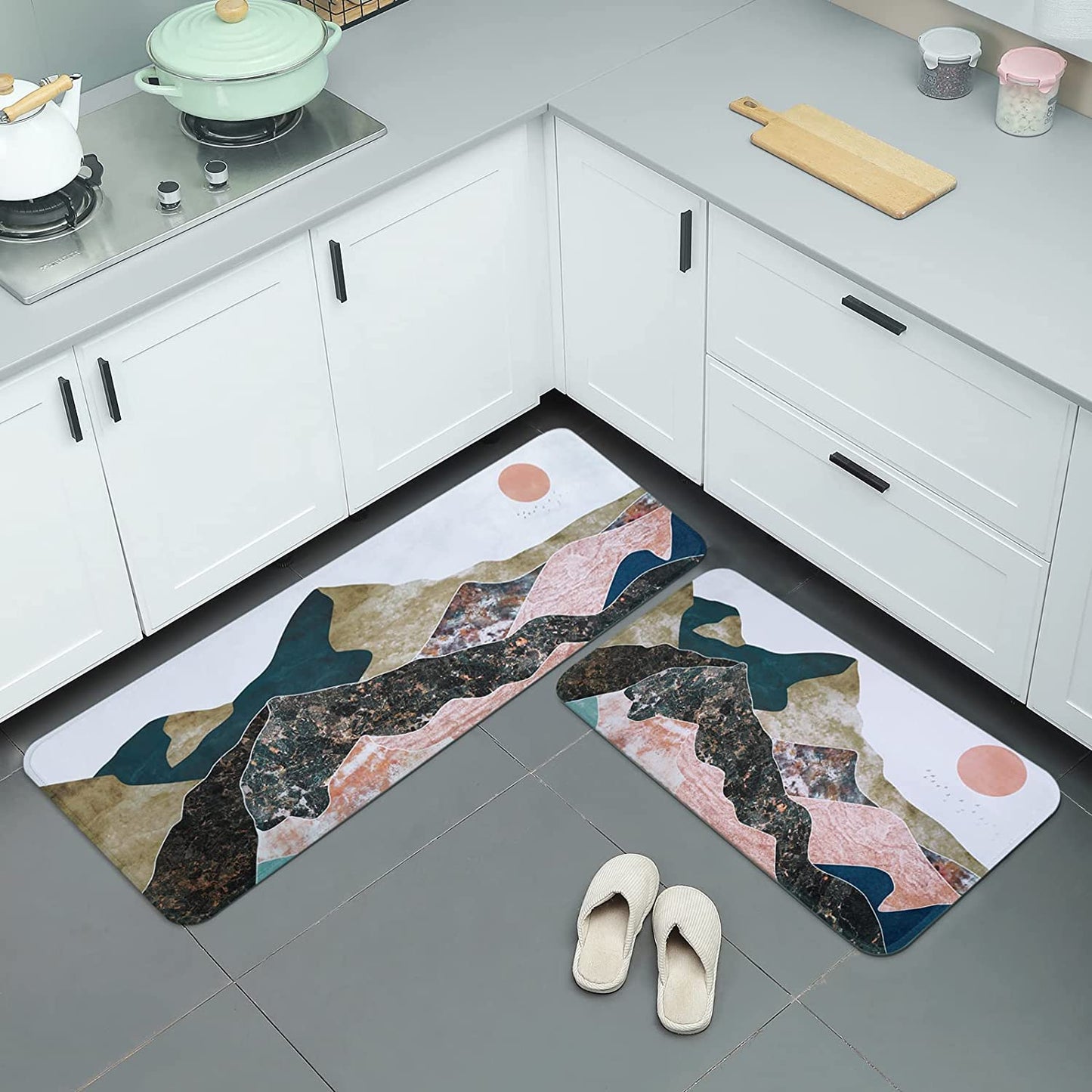 2 PCS Cushioned Floral, Flowers Anti Fatigue Kitchen Rugs - 18'' x 48'' + 18'' x 30''