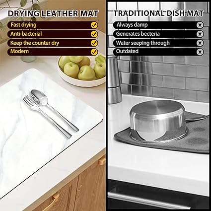 Dish Drying Mat for Kitchen Counter, 24"x16" Super Absorbent Hide Stain Dish Drying Pad with Non-slip Rubber Backed, Quick Drying Mat for Coffee Machine Dish Rack(Whtie Marble)