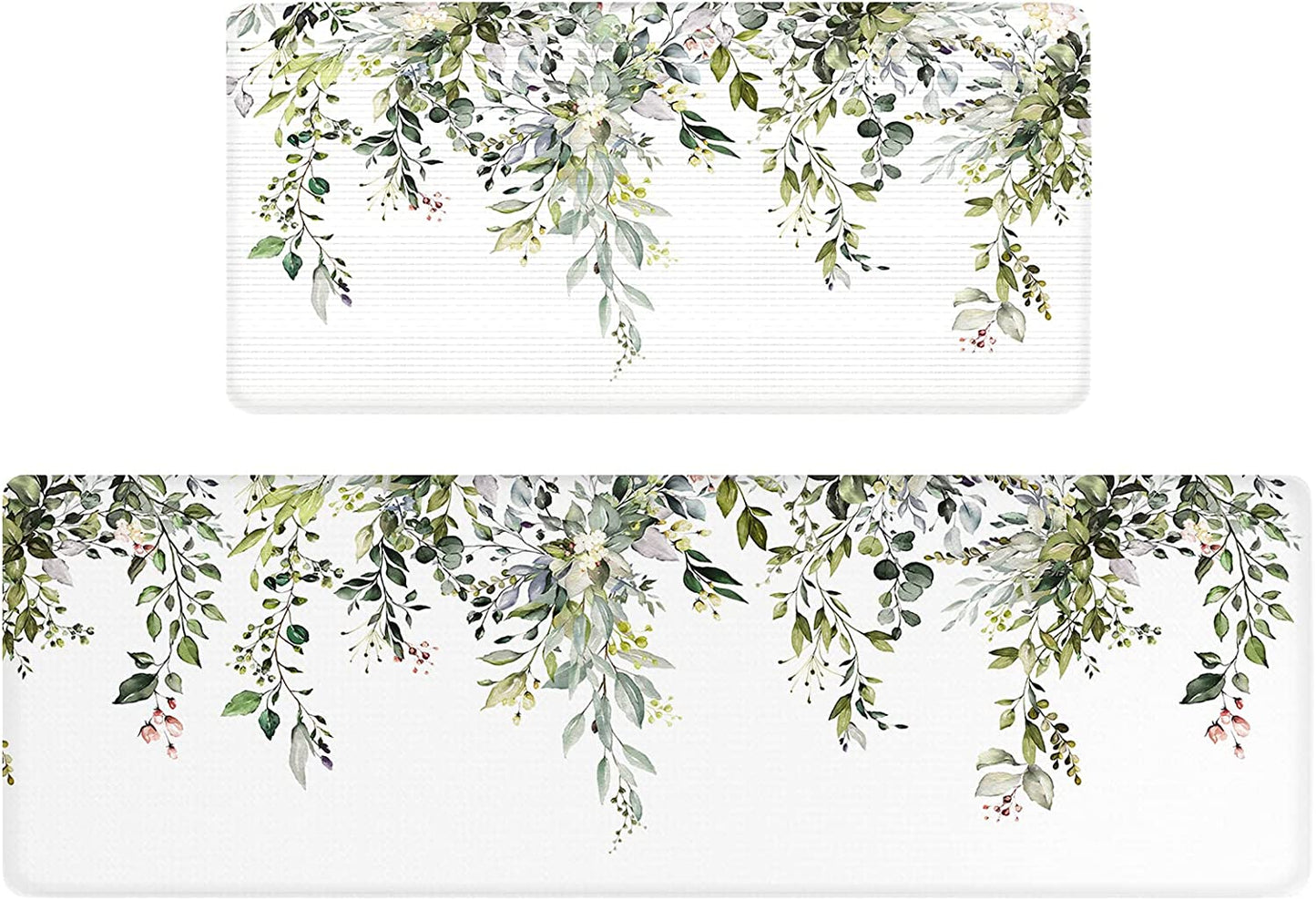 Green Eucalyptus Anti Fatigue Set of 2 Waterproof Kitchen Rugs 17"x47"+17"x28"