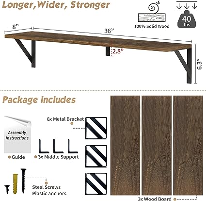 Set of 3, 36 Inches Long Wall Bookshelf for Bedroom, Large Wood Heavy Duty Hanging Bookshelves for Books, Living Room Decor, Closet Storage (Rustic Brown)