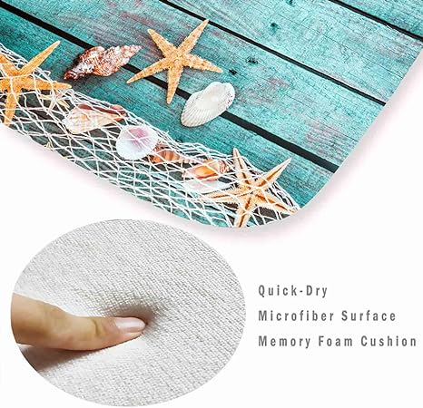Sponge Foam Absorbent Soft for Bathroom and Kitchen Flannel Mat (30X17 inches), Non Slip Bright 3D Print for Bedside and Living Room(Starfish on Blue Wooden Board)