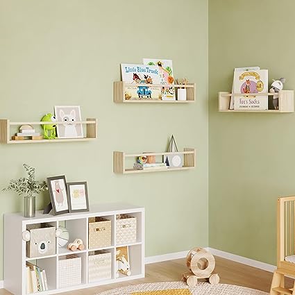 16.5 Inch Floating Bookshelves for Nursery Decor & Playroom Decor, Set of 4, (Natural Wood)