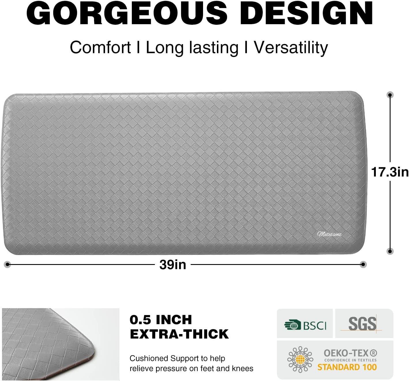1/2 Inch Thick Cushioned Comfort Anti Fatigue Nonskid Waterproof Standing Desk Mat - (17.3X28'',Black)