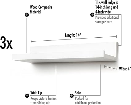 14" White Floating Shelves for Wall - Composite Wood Shelves for Wall Storage, Set of 3