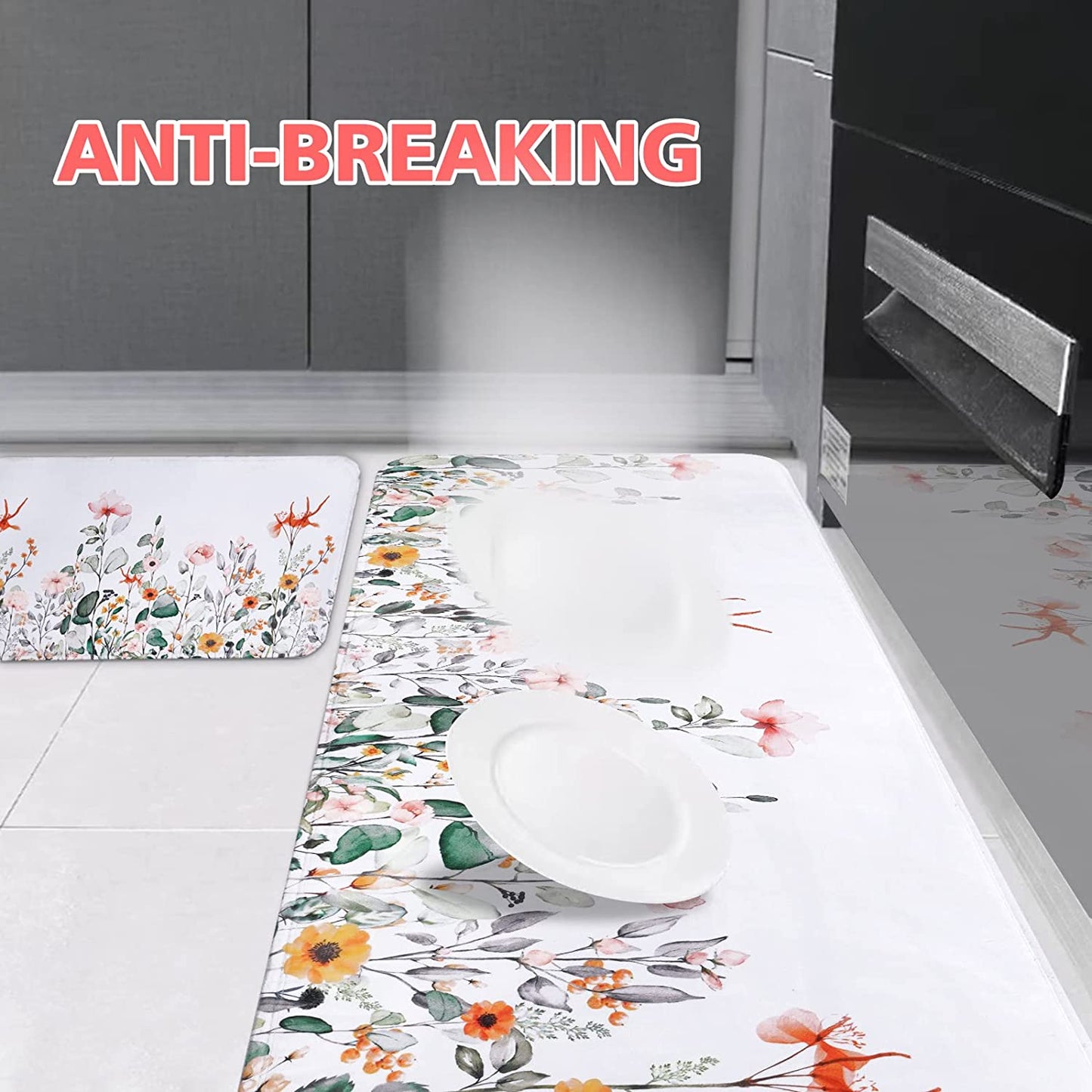 2 PCS Cushioned Floral, Flowers Anti Fatigue Kitchen Rugs - 18'' x 48'' + 18'' x 30''