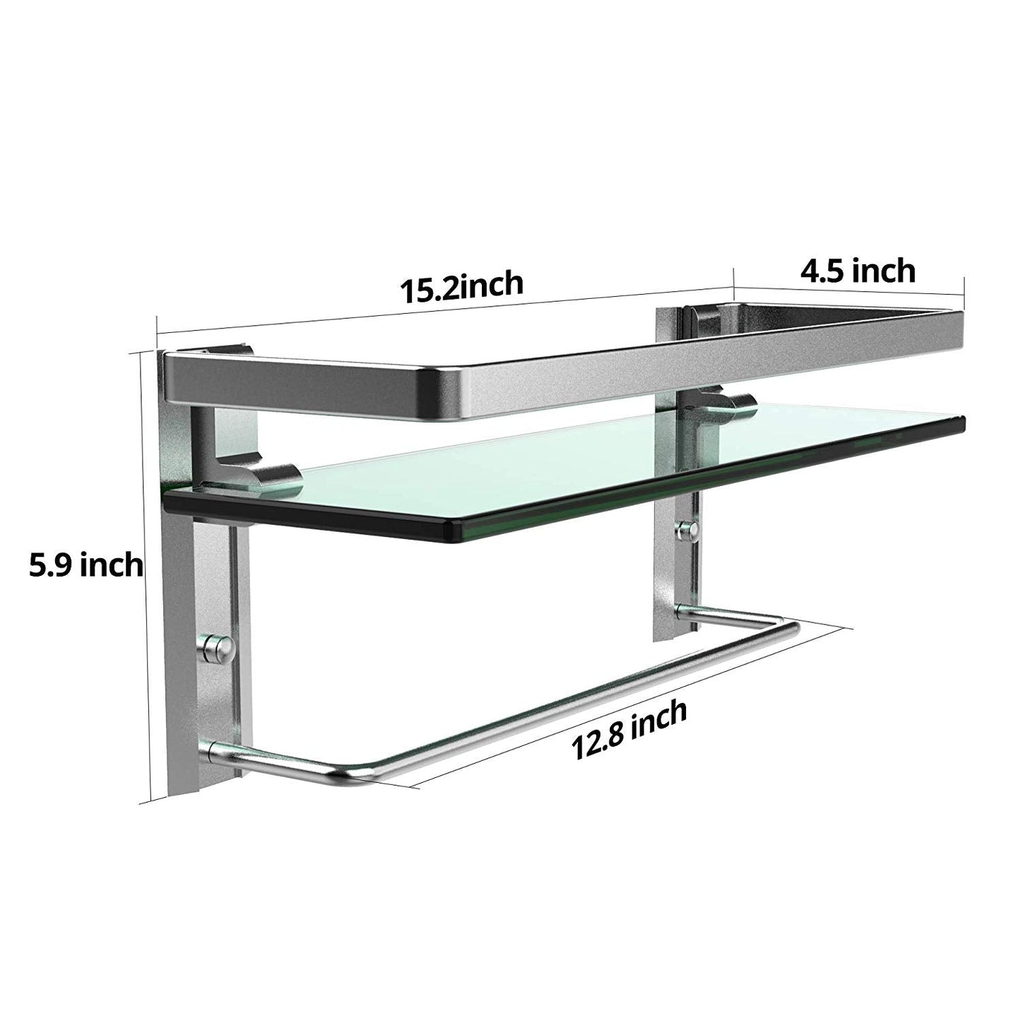 Heavy Duty Wall Mounted Shelves Aluminum Tempered Glass Storage 1 or 2 Tiers