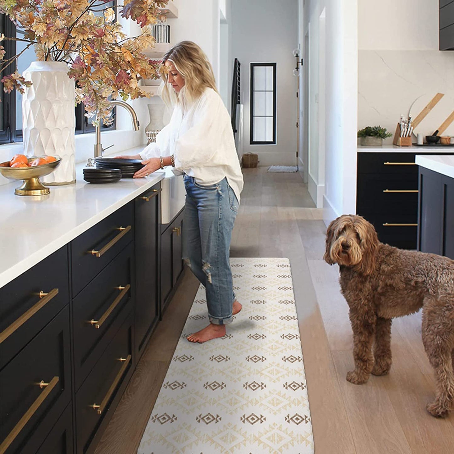2 Piece Set, Anti Fatigue Waterproof & Non-Skid Boho Kitchen Rugs - 17x30+17x47