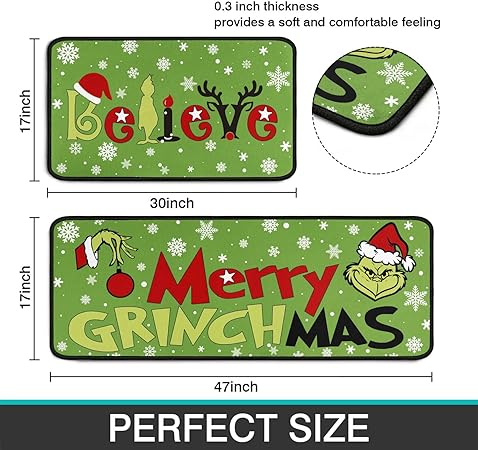 Non Slip Absorbent Waterproof Christmas Decorations Kitchen Rugs and Mats Set of 2, 17x29 and 17x47 Inch