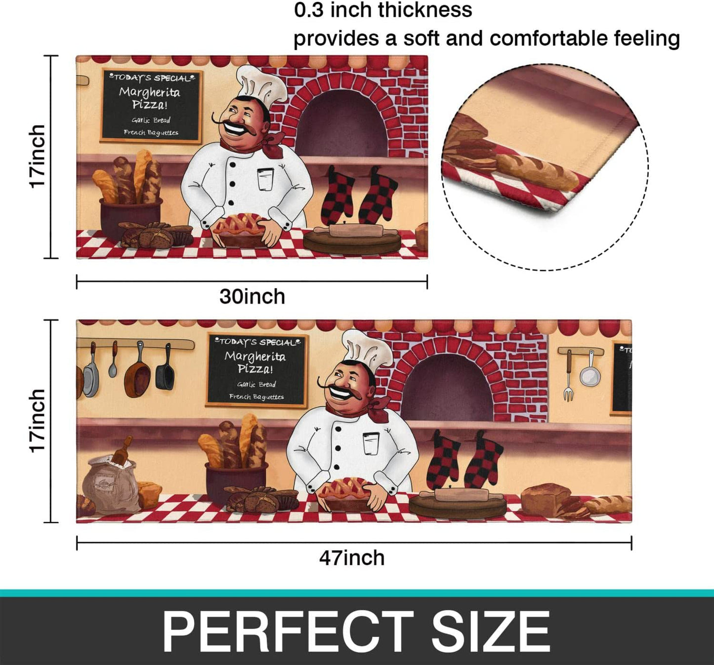 Vintage Mushroom Set of 2, Non Skid Washable Kitchen Mat - (17"x48"+17"x30")