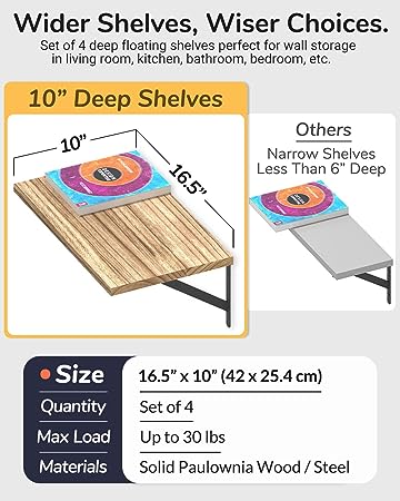 Deep Floating Shelves 10" D x 16.5" W Set of 4, (Dark Brown)