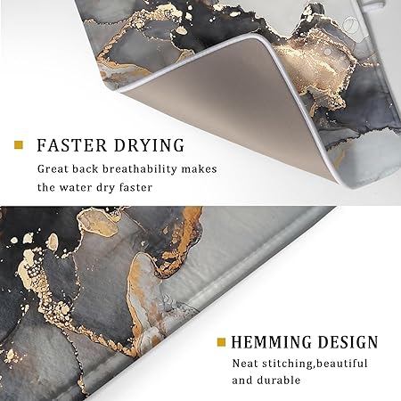 Absorbent Black Marble Dish Drying Mat Luxury Golden Kitchen Counter Mat, 18x24 inch