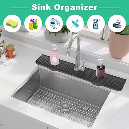 Sink Splash Guard, 32” x 5.5”, Longer Faucet Mat, Silicone Splash Guard Behind Faucet, Water Drip Catcher Mat for Kitchen, Bathroom Laundry Room, Farmhouse, Bar & RV (Black)