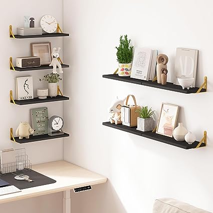4.7in Rustic Wood Wall Floating Shelves Set of 8 (Dark Carbonized Black)