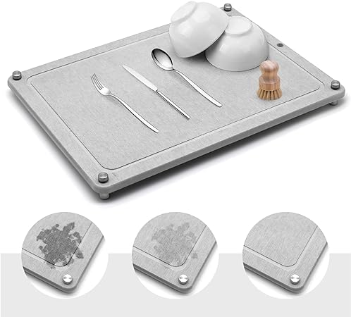 Fast Drying Stone Dish Drying Mats for Kitchen Counter, Diatomaceous Earth Water Absorbing Dish Drying Mats for Bottles Cups, Non-Slip Sink Caddy Tray with Stainless Steel for Kitchen Bathroom (Grey)
