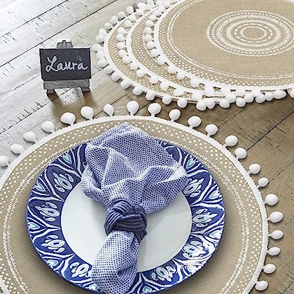 Tribal Folk Geometric Circles Pattern Round Placemat - Farmhouse Jute Table Mats (Jute, Set of 4)