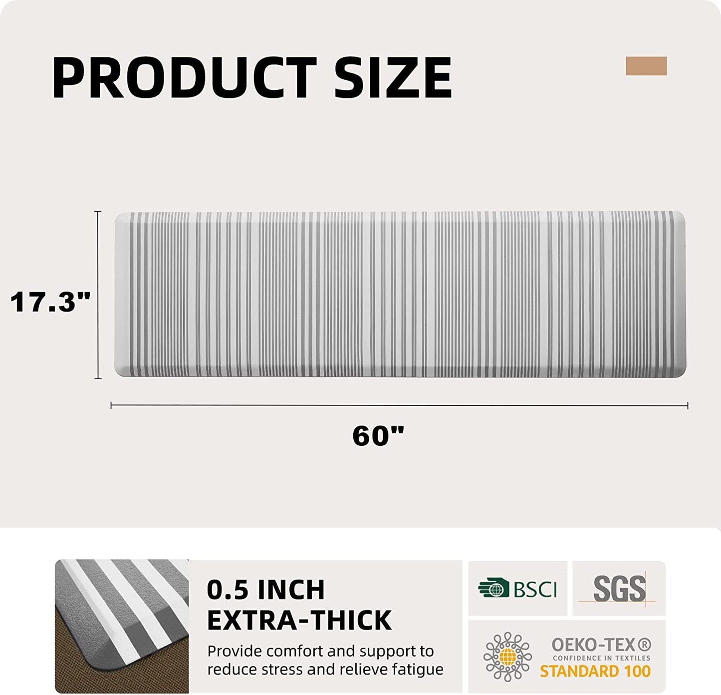 1/2 Inch Thick Cushioned Anti Fatigue Waterproof Kitchen Rug, 17.3"x28"- Grey