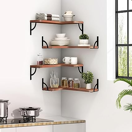 Set of 4, Corner Wood Display Storage Wall Mounted Floating Shelves