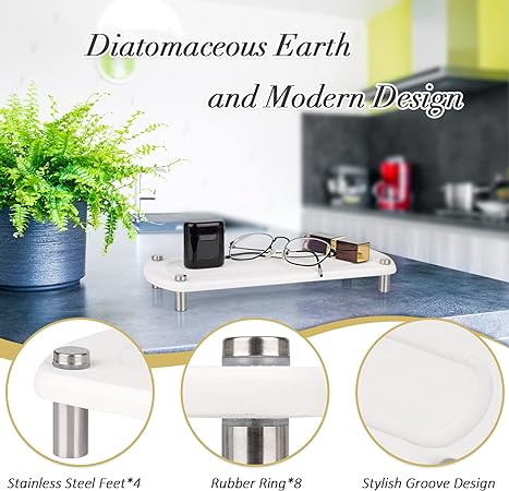 Stone Drying Counter Instant Dry Diatomaceous Earth Sink Caddy Organizer with Stainless Steel Feet (L White)