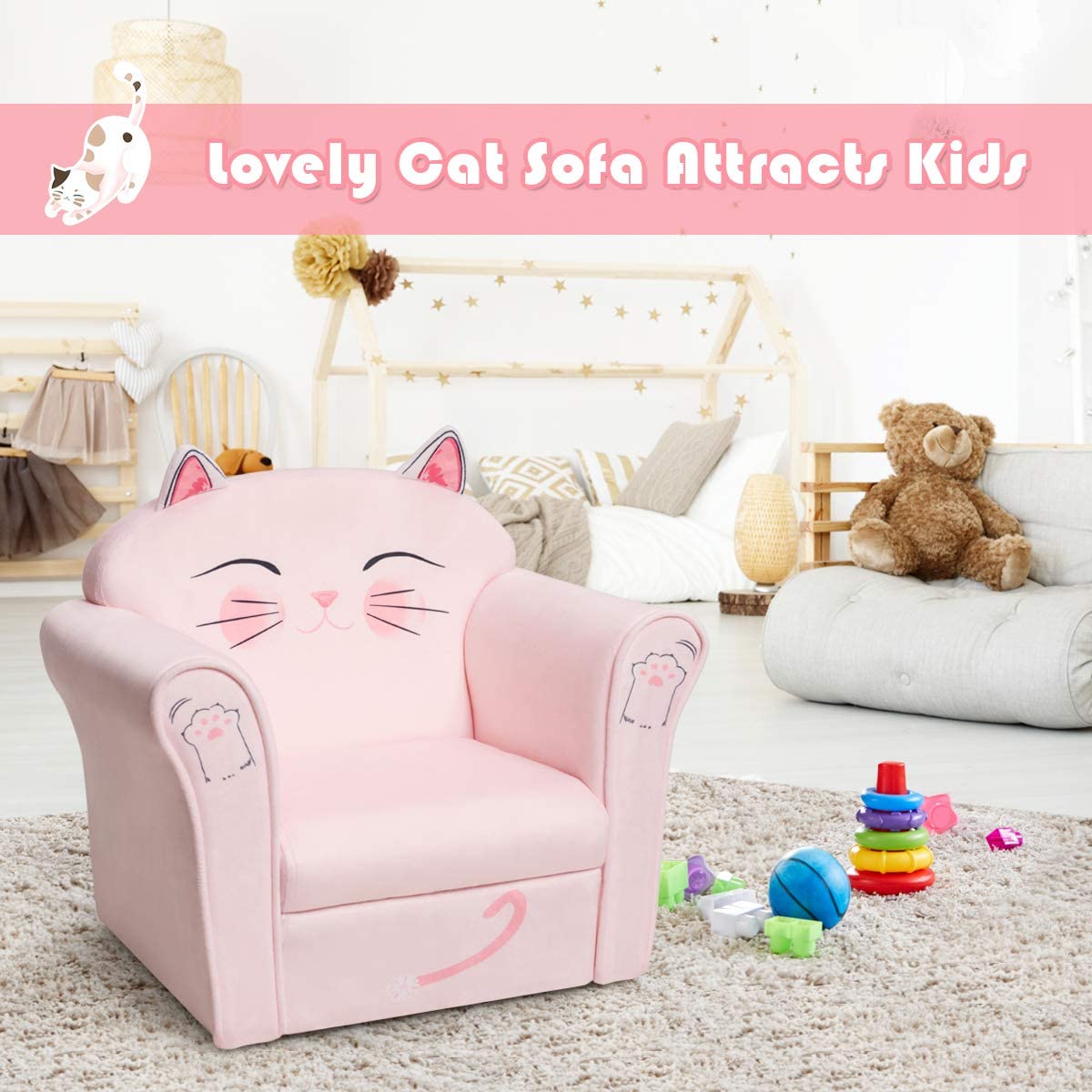 Kids Sofa, Children Armrest Chair with Pattern, Toddler Furniture w/Sturdy Wood