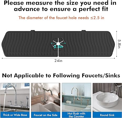 24-inch Silicone Faucet Mat, Black, 1PCS