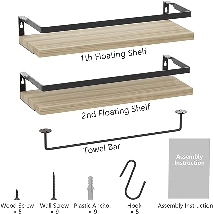 Home Decor Floating Shelves with Towel Bar/Hooks, (Gold-White)