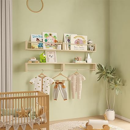 16.5 Inch Floating Bookshelves for Nursery Decor & Playroom Decor, Set of 4, (Natural Wood)