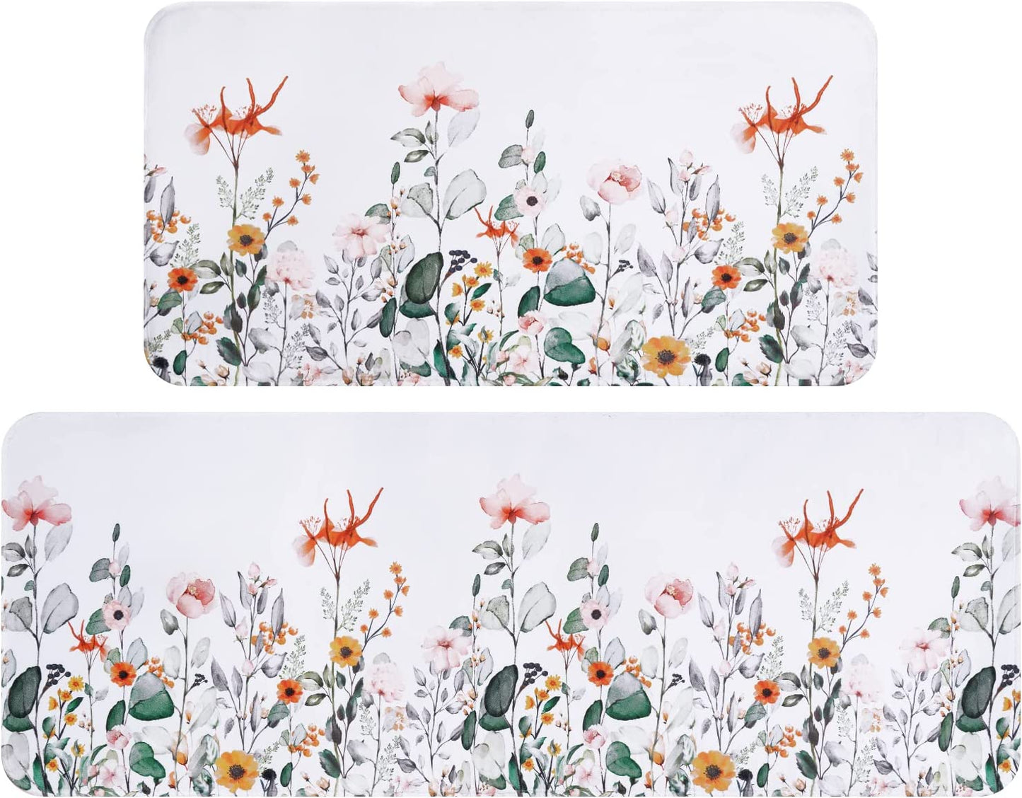 2 PCS Cushioned Floral, Flowers Anti Fatigue Kitchen Rugs - 18'' x 48'' + 18'' x 30''