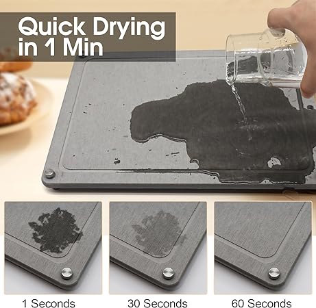 Fast Drying Stone Dish Drying Mats for Kitchen Counter, Diatomaceous Earth Water Absorbing Dish Drying Mats for Bottles Cups, Non-Slip Sink Caddy Tray with Stainless Steel for Kitchen Bathroom (Grey)