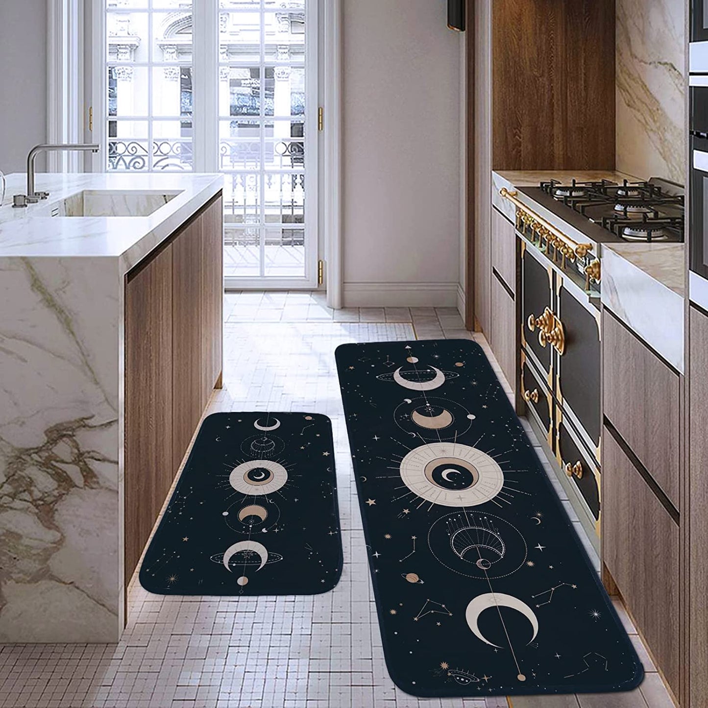 2 PCS Cushioned Floral, Flowers Anti Fatigue Kitchen Rugs - 18'' x 48'' + 18'' x 30''