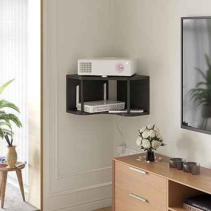 Pine Wood Shelves 90° Corner Floating Cabinet Shelf for Wall, 18’’ Bedside Corner Wall with Cord Hole