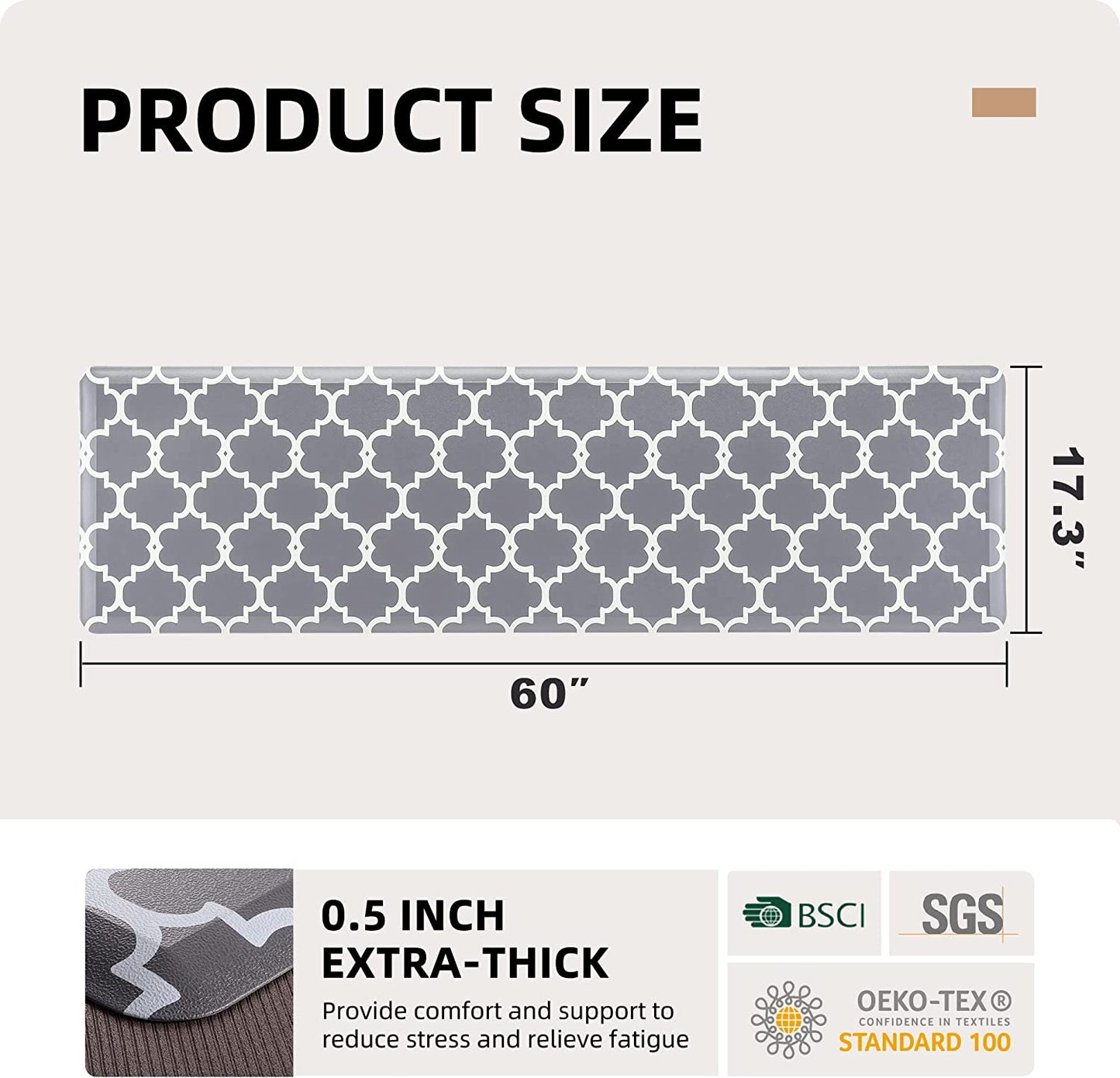 1/2 Inch Thick Cushioned Anti Fatigue Waterproof Kitchen Rug, 17.3"x28"- Grey