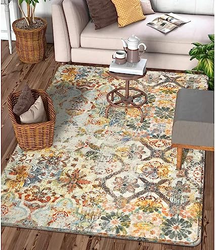 Floral Medallion Collection Round Non-Slip Distressed Vintage Accent Throw Area Rug
