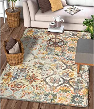 Floral Medallion Collection Round Non-Slip Distressed Vintage Area Rug