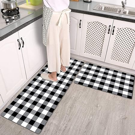 2 PCS Black and White Buffalo Plaid Cushioned Kitchen Rugs, 17"X48"+17"X24"