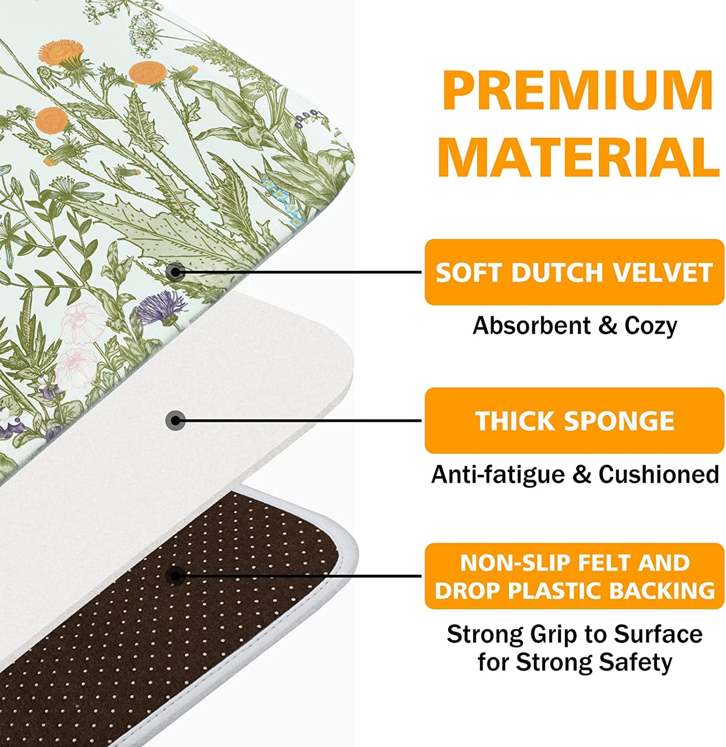 2 PCS Cushioned Floral, Flowers Anti Fatigue Kitchen Rugs - 18'' x 48'' + 18'' x 30''